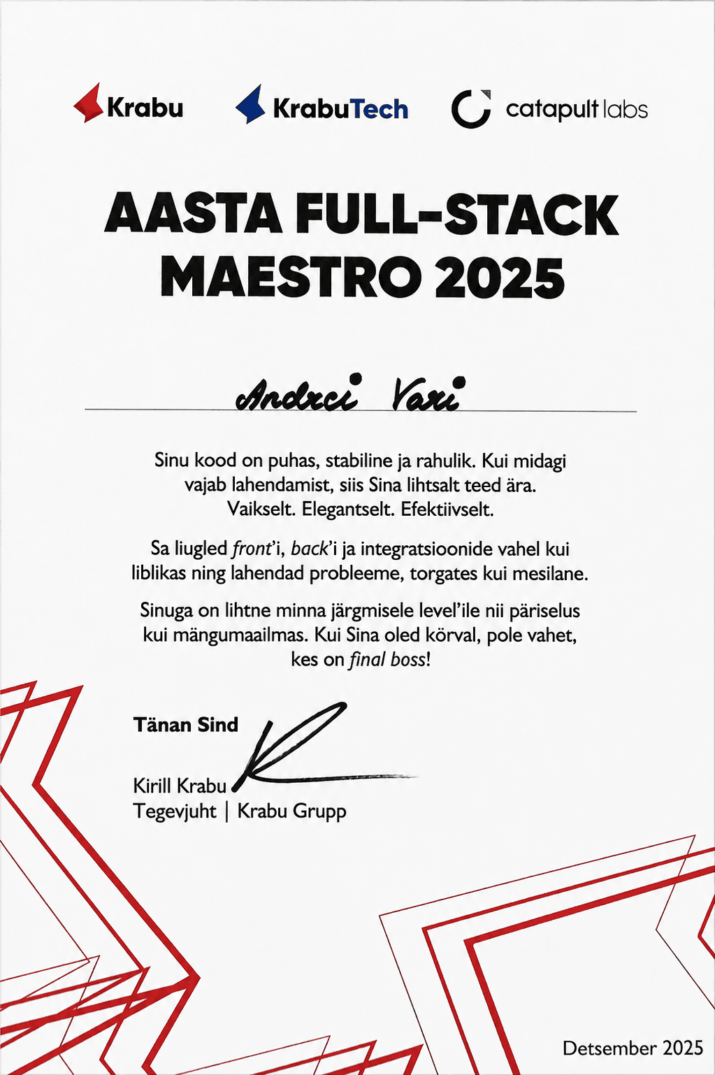 Full-stack Maestro 2025 certificate
